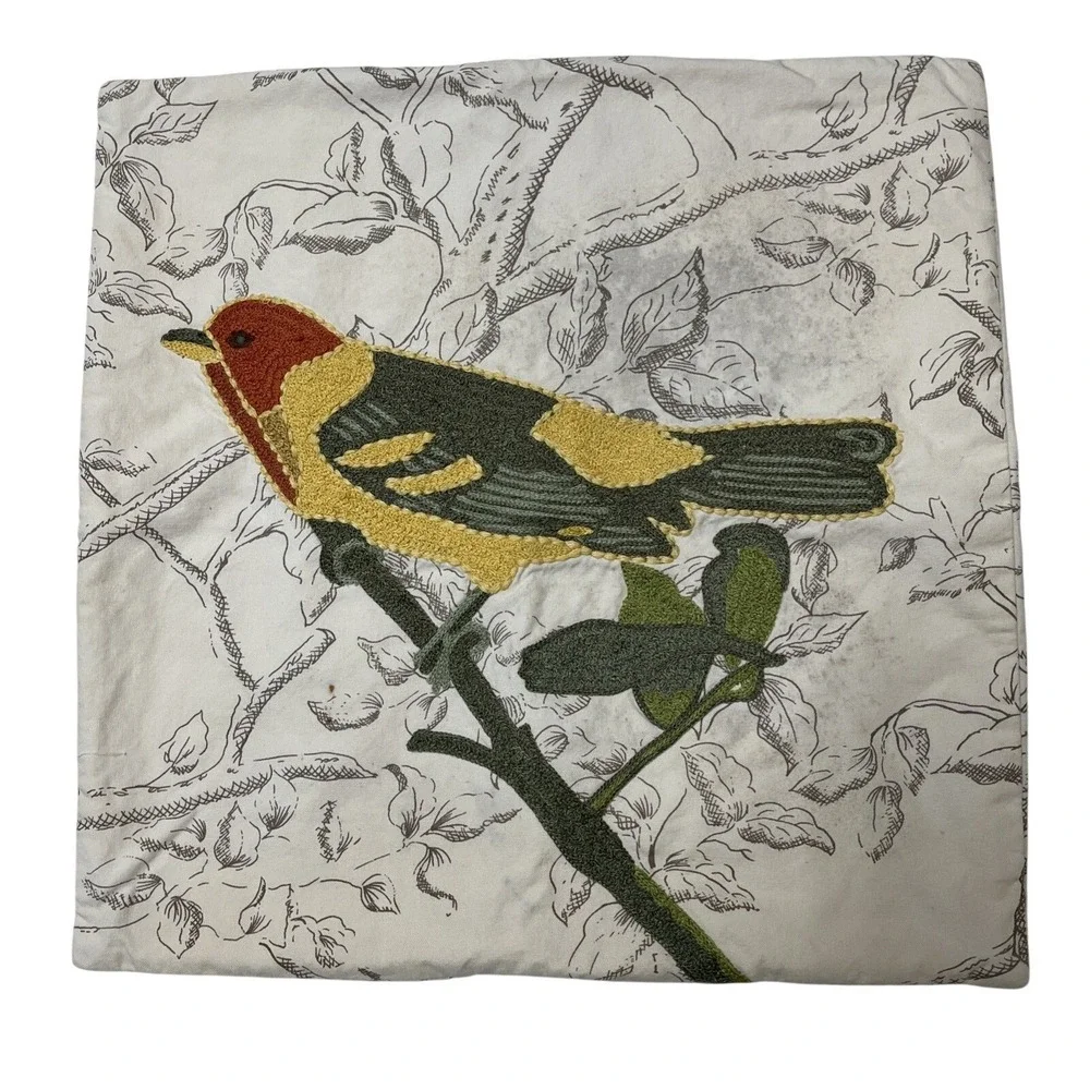 Pottery Barn Pillow Sham Embroidered Bird Ivory Botanical 18x18 Button Close